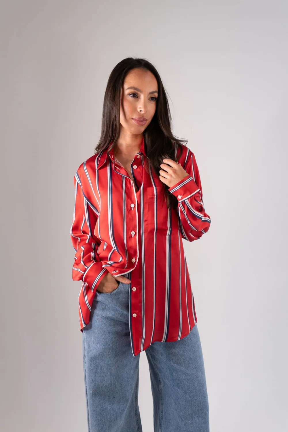 The Walk in Wardrobe Shirts>Alana Striped Satin Shirt In Red