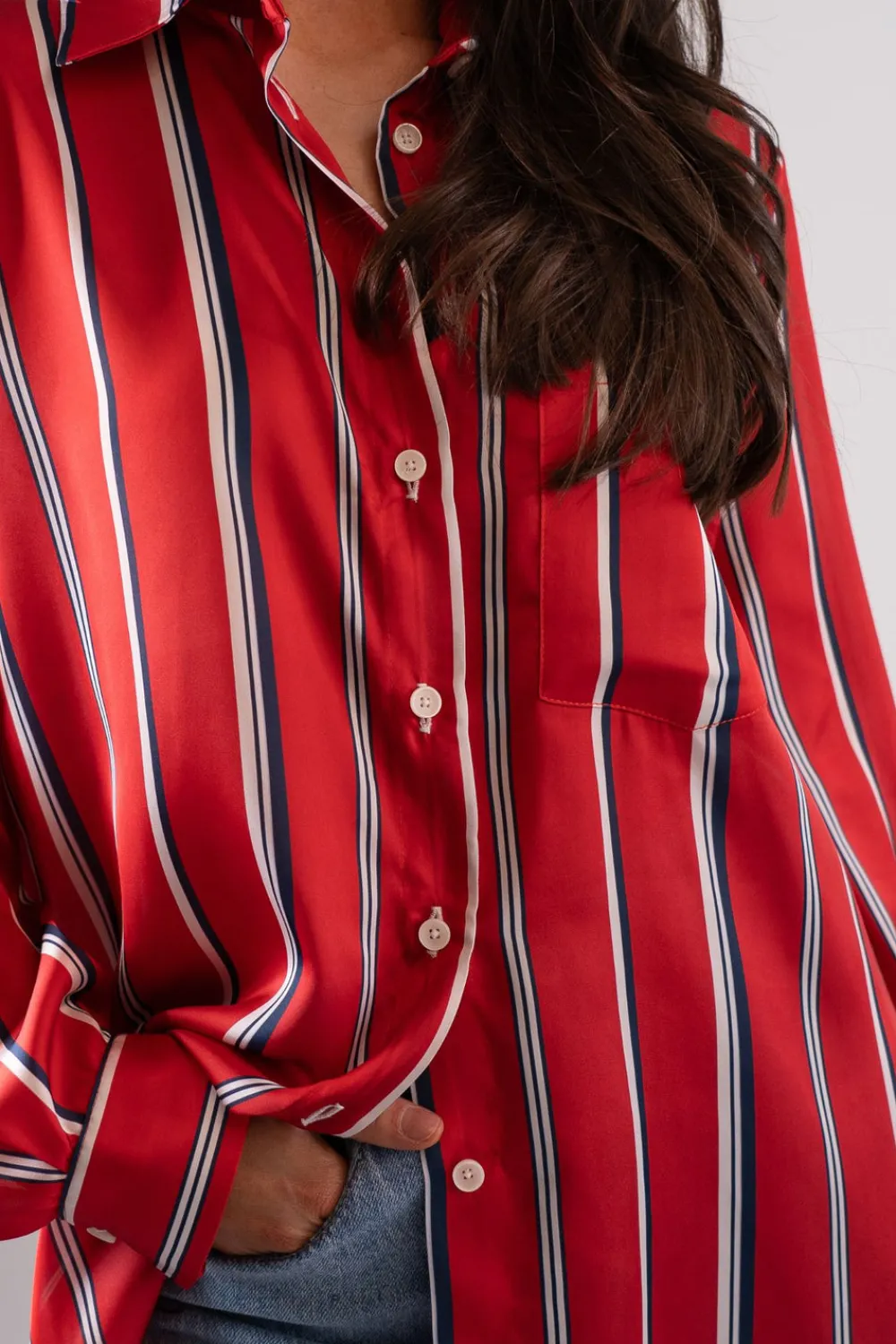 The Walk in Wardrobe Shirts>Alana Striped Satin Shirt In Red
