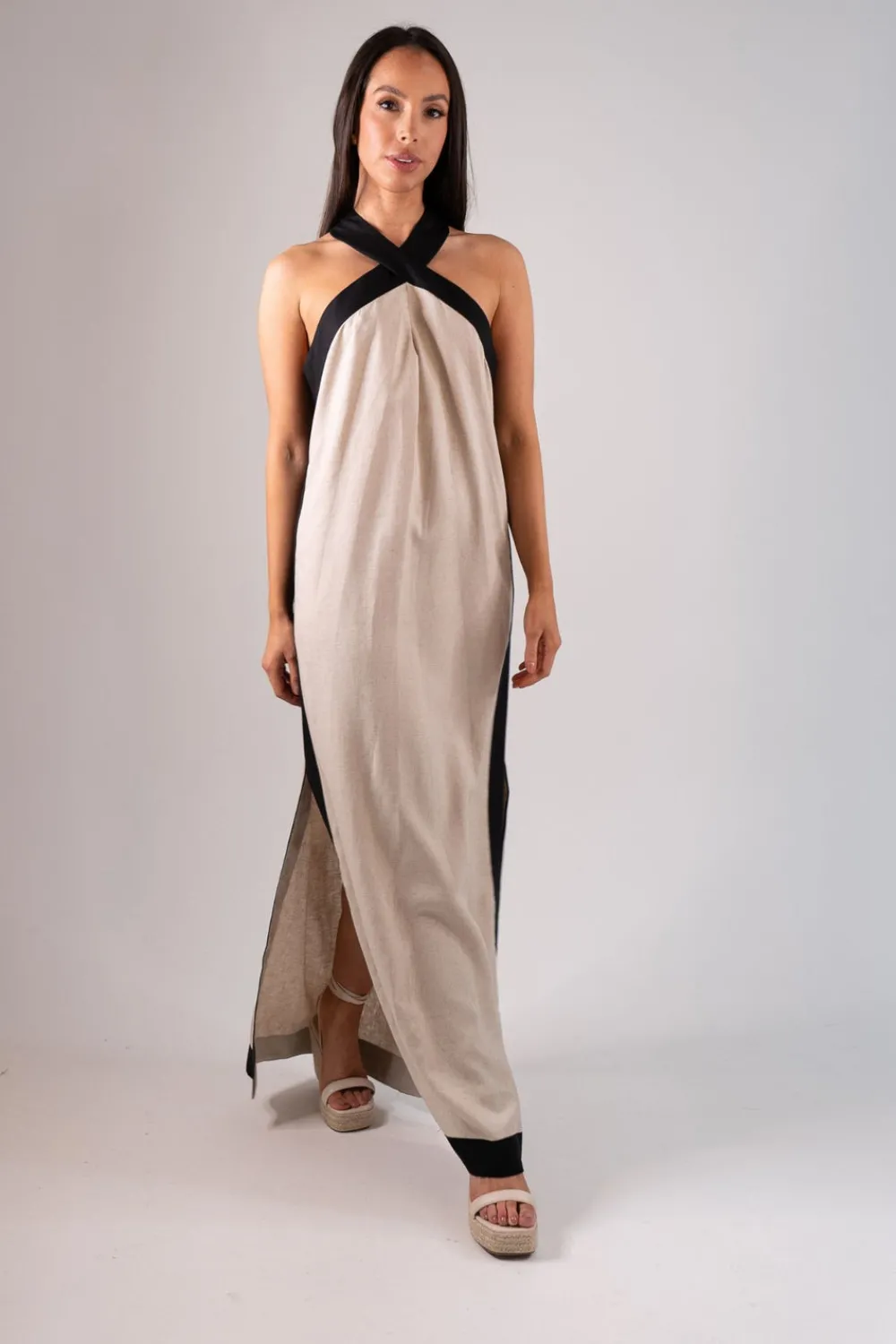 The Walk in Wardrobe Maxi Dresses>Alana Two Tone Maxi Dress In Neutral Mix