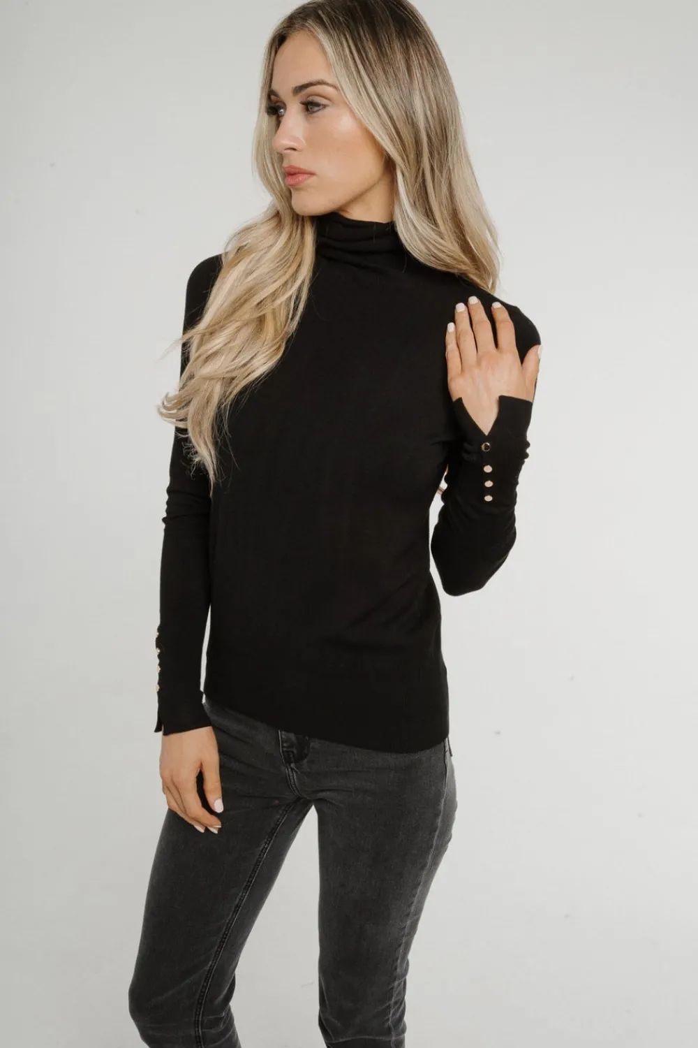 The Walk in Wardrobe Tops>Ally Button Cuff Polo Neck In Black