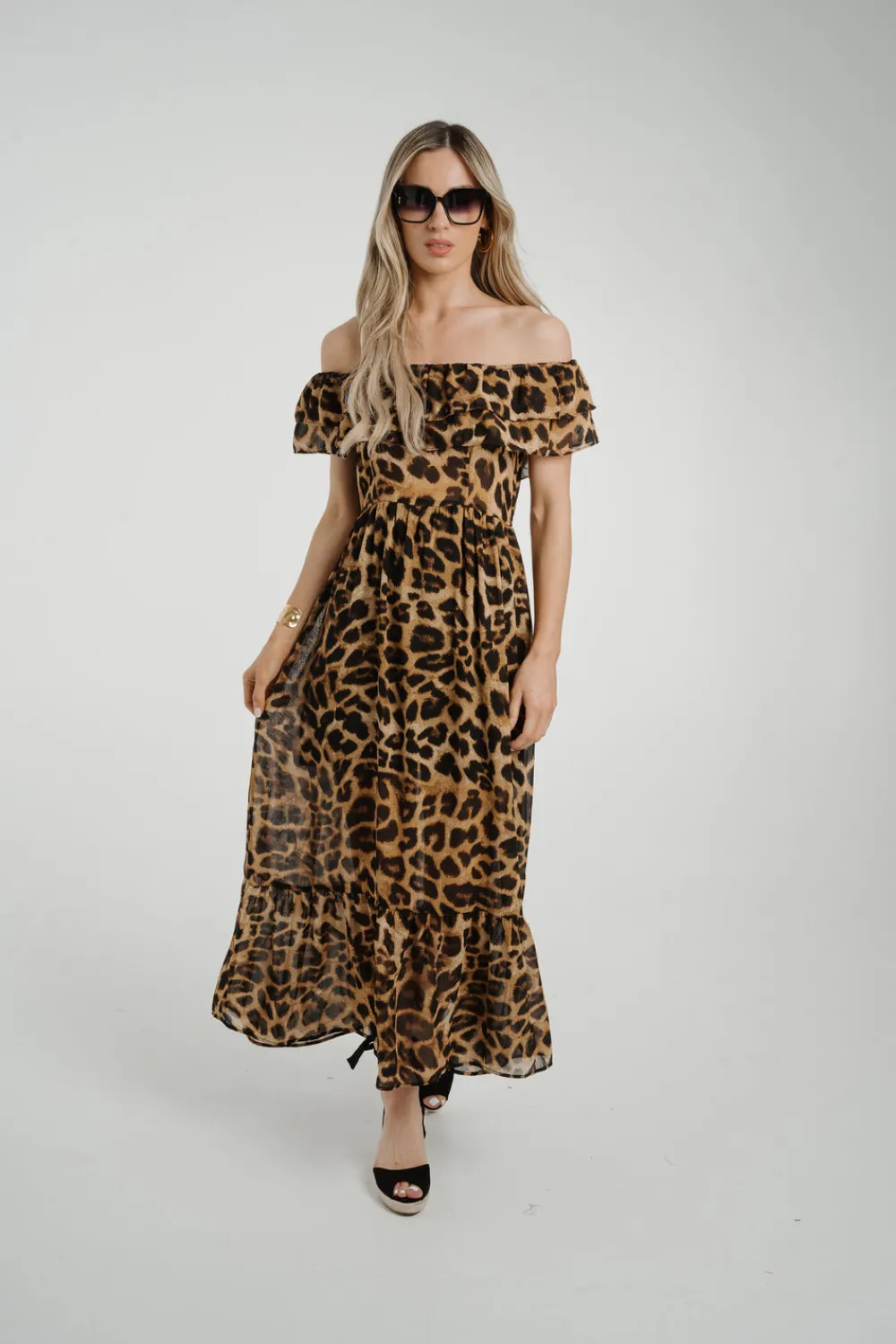 The Walk in Wardrobe Midi Dresses>Ally Frill Detail Midi Dress In Leopard Print