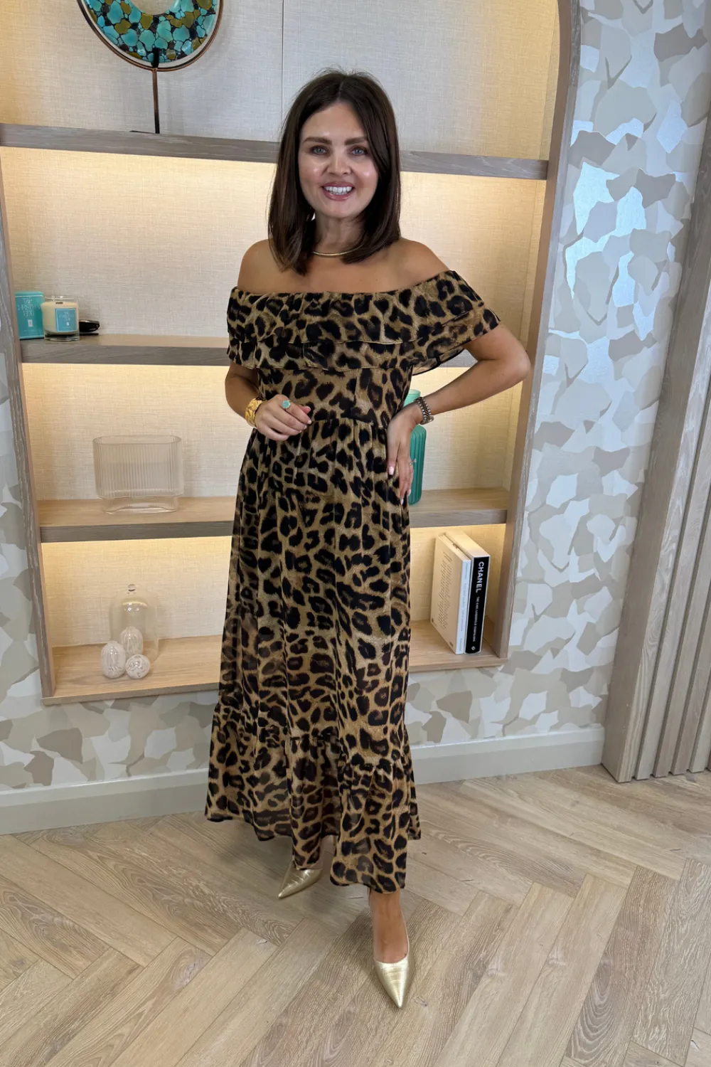 The Walk in Wardrobe Midi Dresses>Ally Frill Detail Midi Dress In Leopard Print