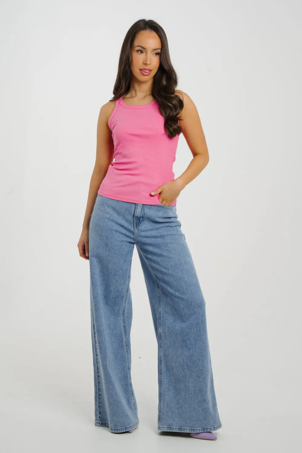 The Walk in Wardrobe Tops>Ally Ribbed Vest Top In Pink