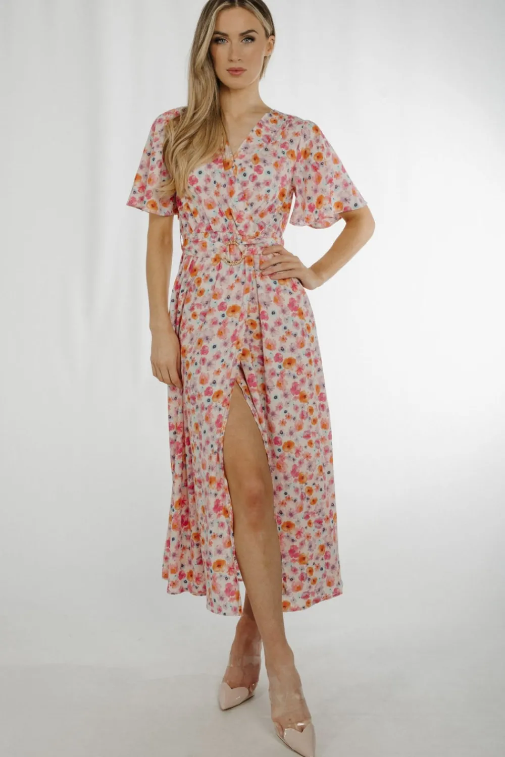 The Walk in Wardrobe Midi Dresses>Ally V-Neck Floral Midi Dress In Pastel Mix