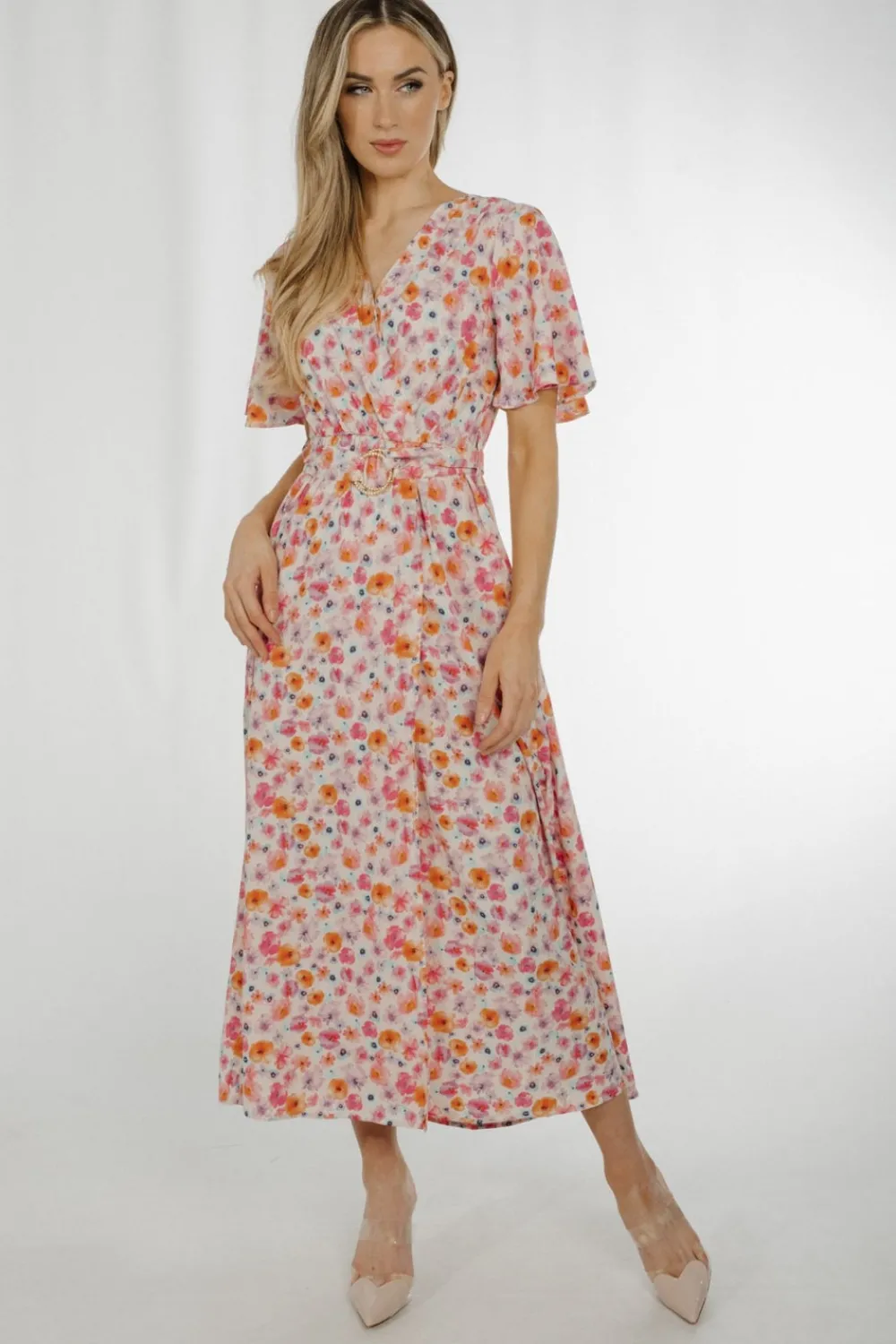 The Walk in Wardrobe Midi Dresses>Ally V-Neck Floral Midi Dress In Pastel Mix