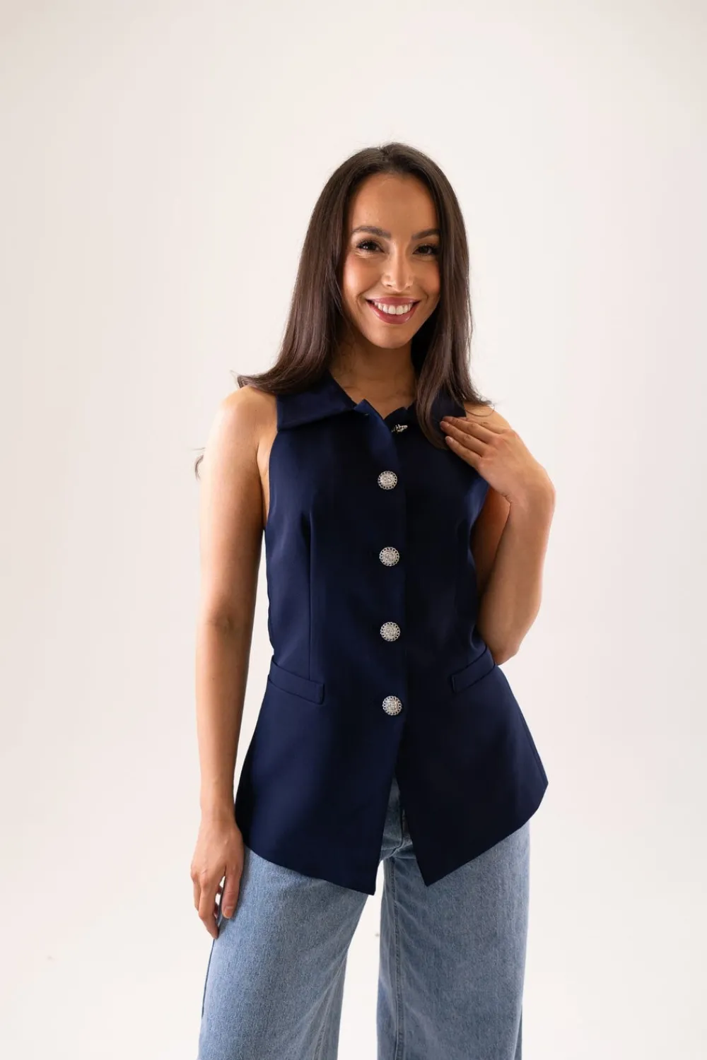 The Walk in Wardrobe Tops>Arabella Collared Waistcoat In Navy
