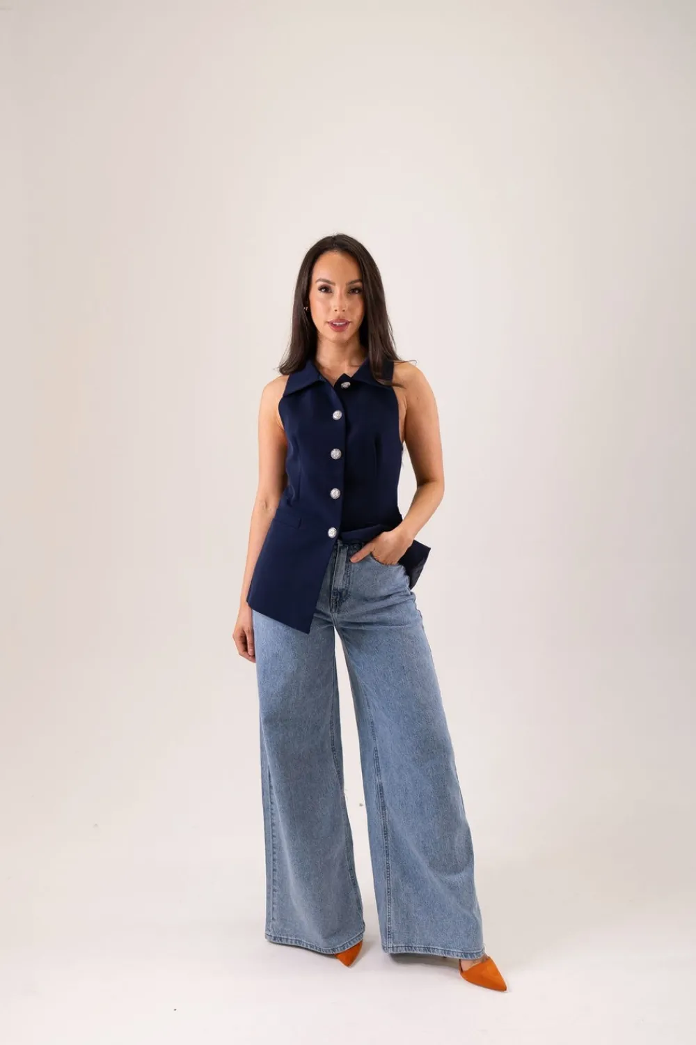 The Walk in Wardrobe Tops>Arabella Collared Waistcoat In Navy
