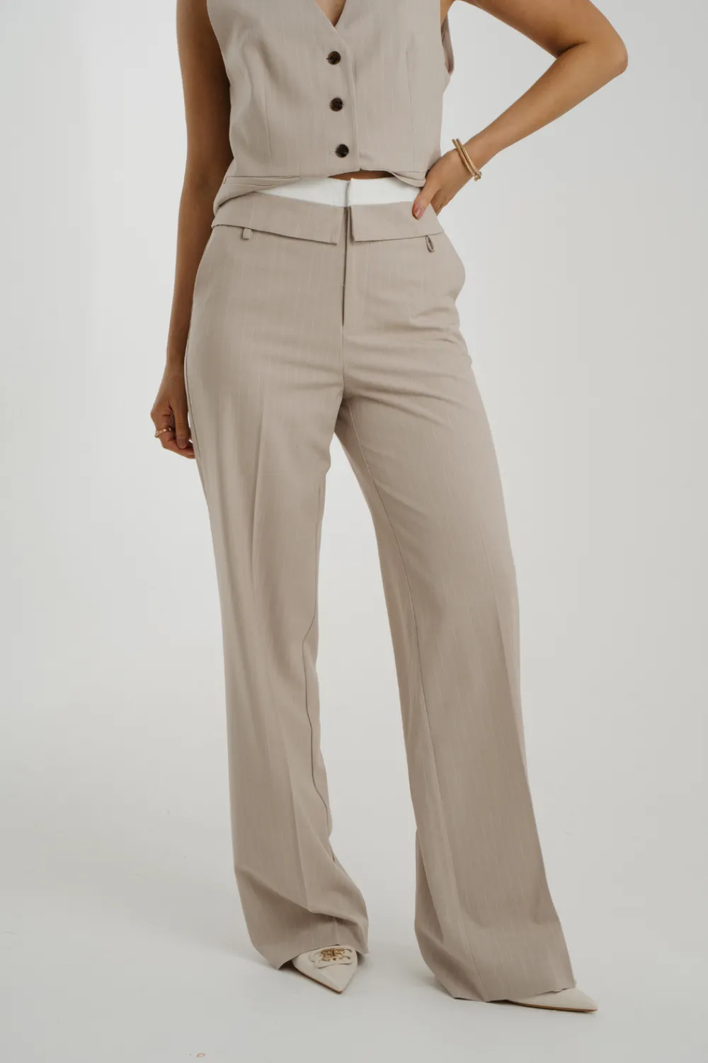The Walk in Wardrobe Trousers>Arabella Pinstripe Trousers In Beige