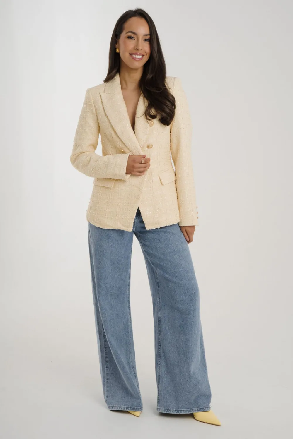 The Walk in Wardrobe Blazers>Arabella Tweed Blazer In Lemon