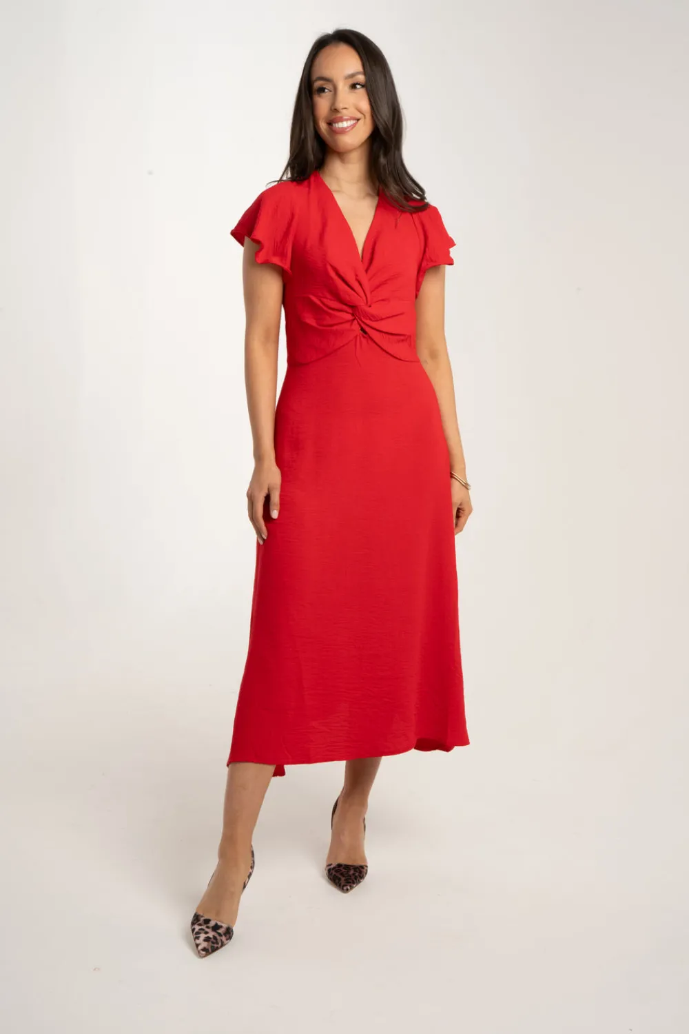 The Walk in Wardrobe Midi Dresses>Becca Knot Front Dress In Red