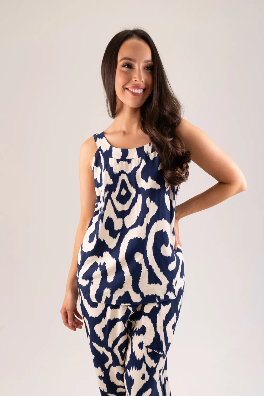 The Walk in Wardrobe Tops>Becca Printed Open Back Top In Navy Mix