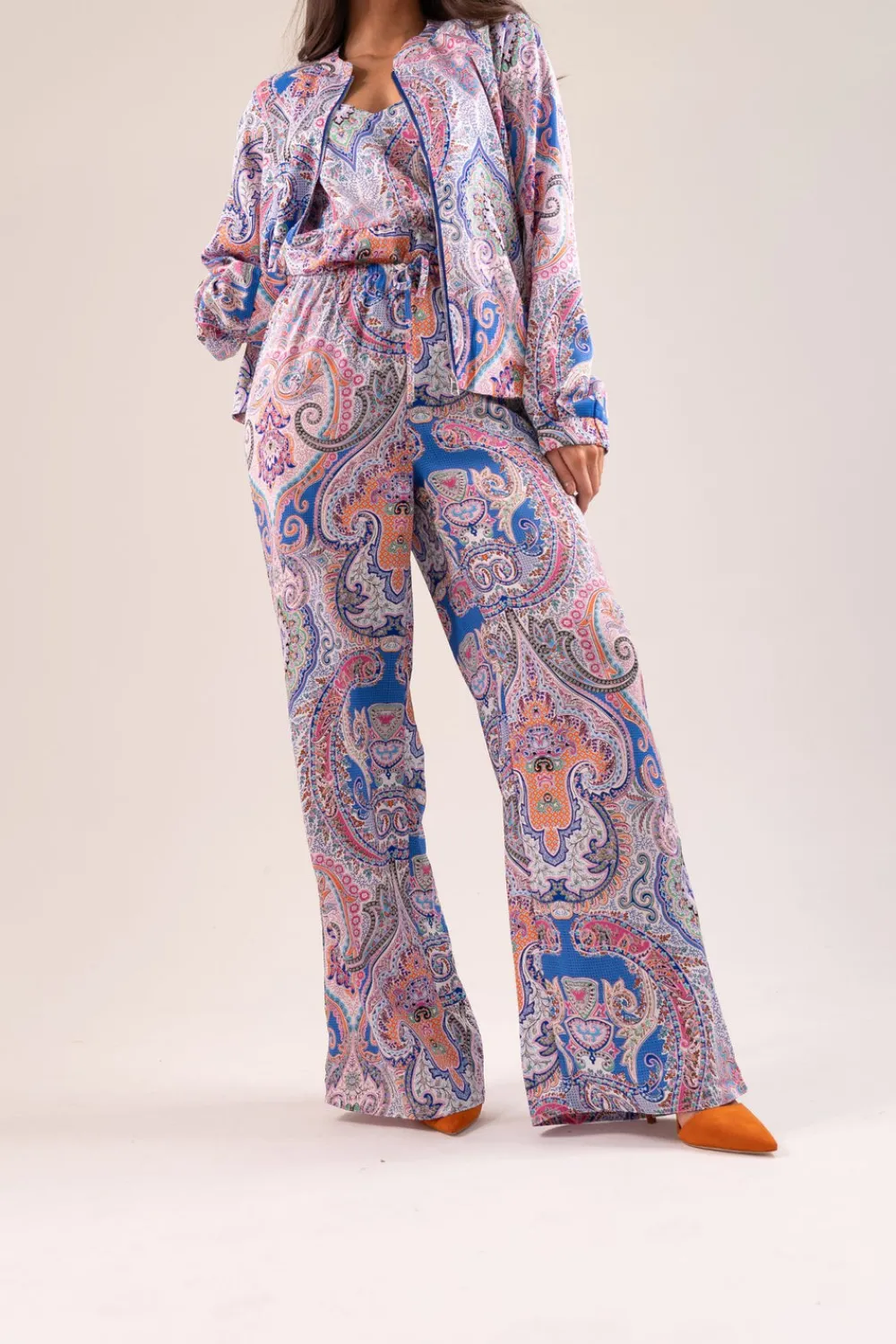 The Walk in Wardrobe Trousers>Becca Printed Wide Leg Trousers In Blue Mix