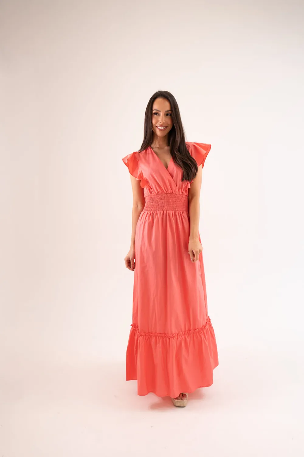 The Walk in Wardrobe Maxi Dresses|Midi Dresses>Becca Ruffle Shoulder Dress In Coral