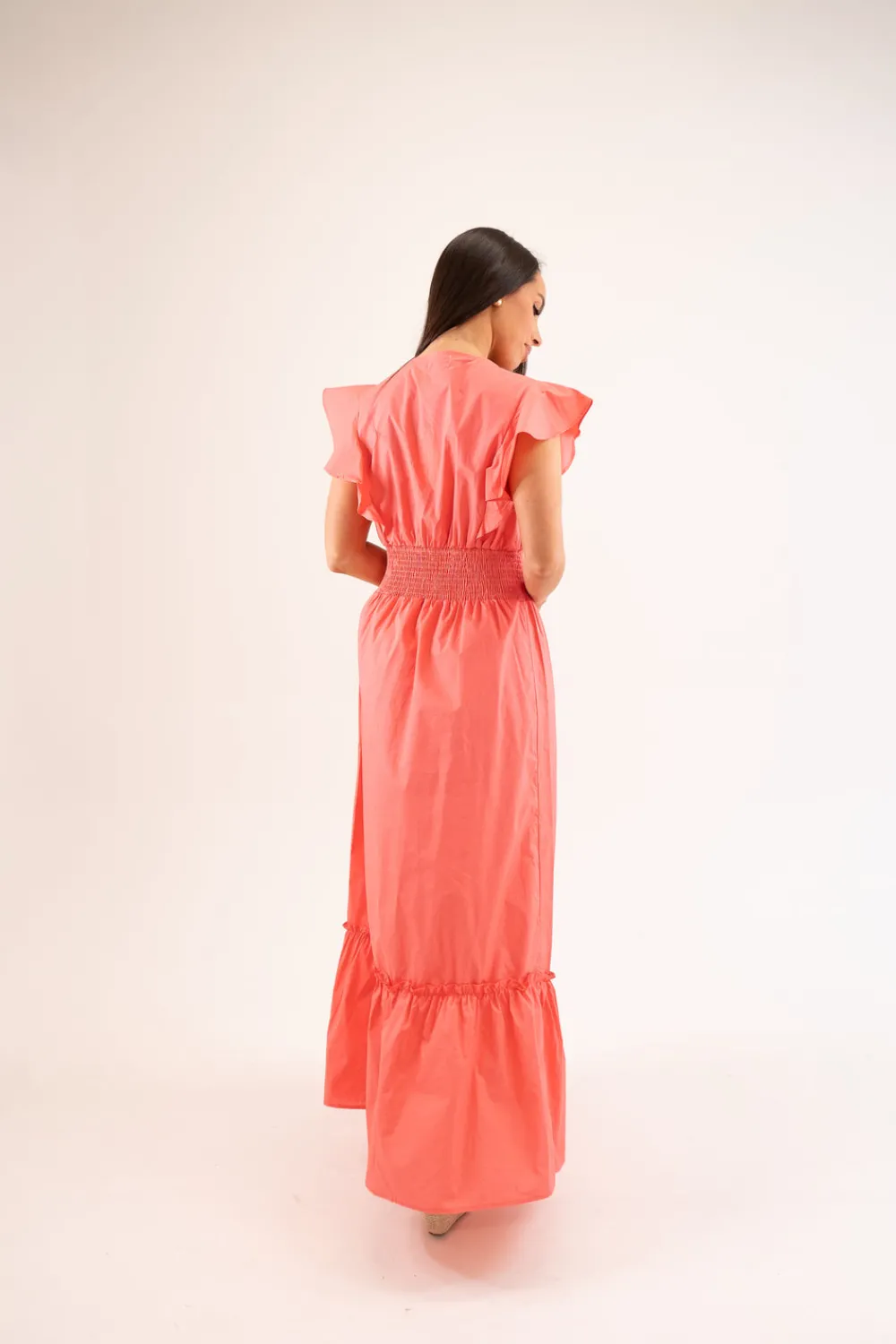 The Walk in Wardrobe Maxi Dresses|Midi Dresses>Becca Ruffle Shoulder Dress In Coral