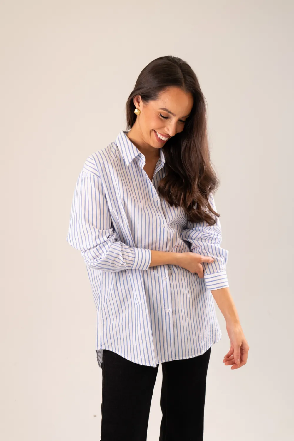 The Walk in Wardrobe Shirts>Becca Shimmer Pinstripe Shirt In Light Blue