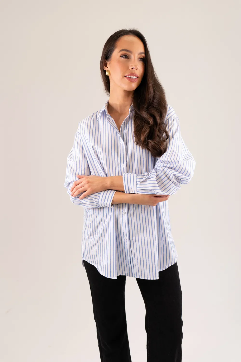 The Walk in Wardrobe Shirts>Becca Shimmer Pinstripe Shirt In Light Blue