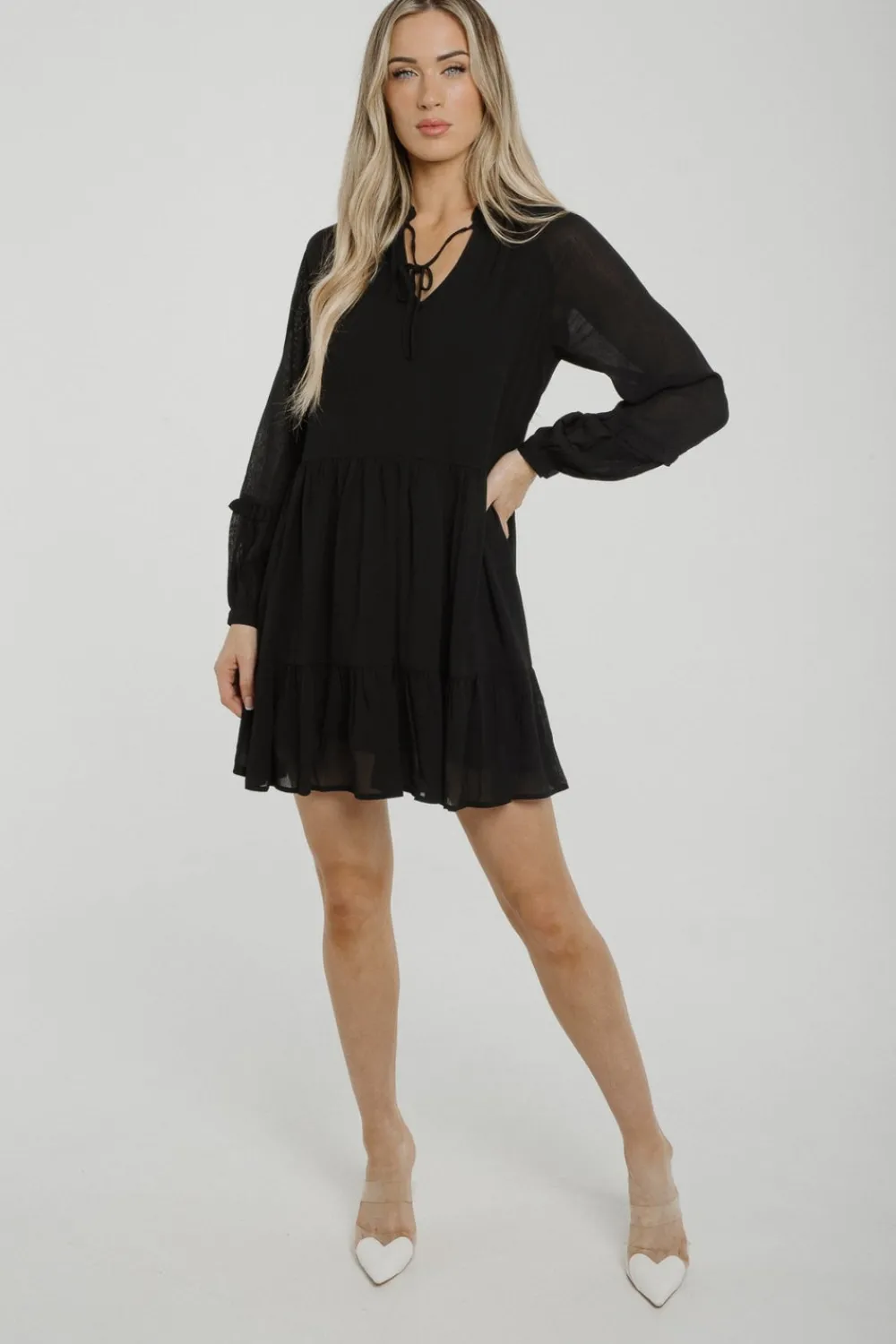 The Walk in Wardrobe Mini Dresses>Becca Tiered Sheer Sleeve Dress In Black