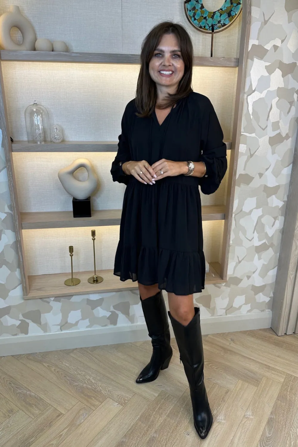The Walk in Wardrobe Mini Dresses>Becca Tiered Sheer Sleeve Dress In Black