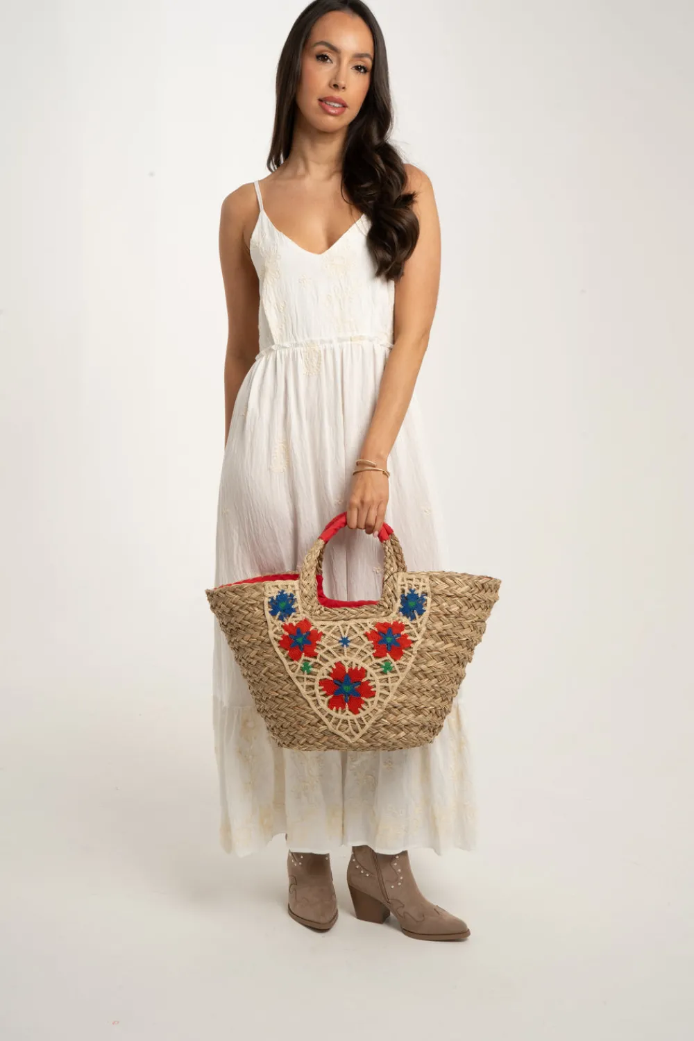 The Walk in Wardrobe Bags>Becca Woven Floral Bag In Red Mix