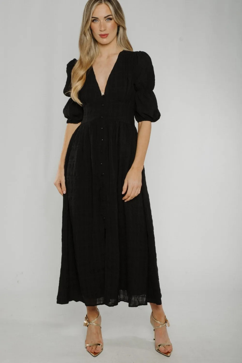 The Walk in Wardrobe Midi Dresses>Caitlyn Button Front Midi Dress In Black