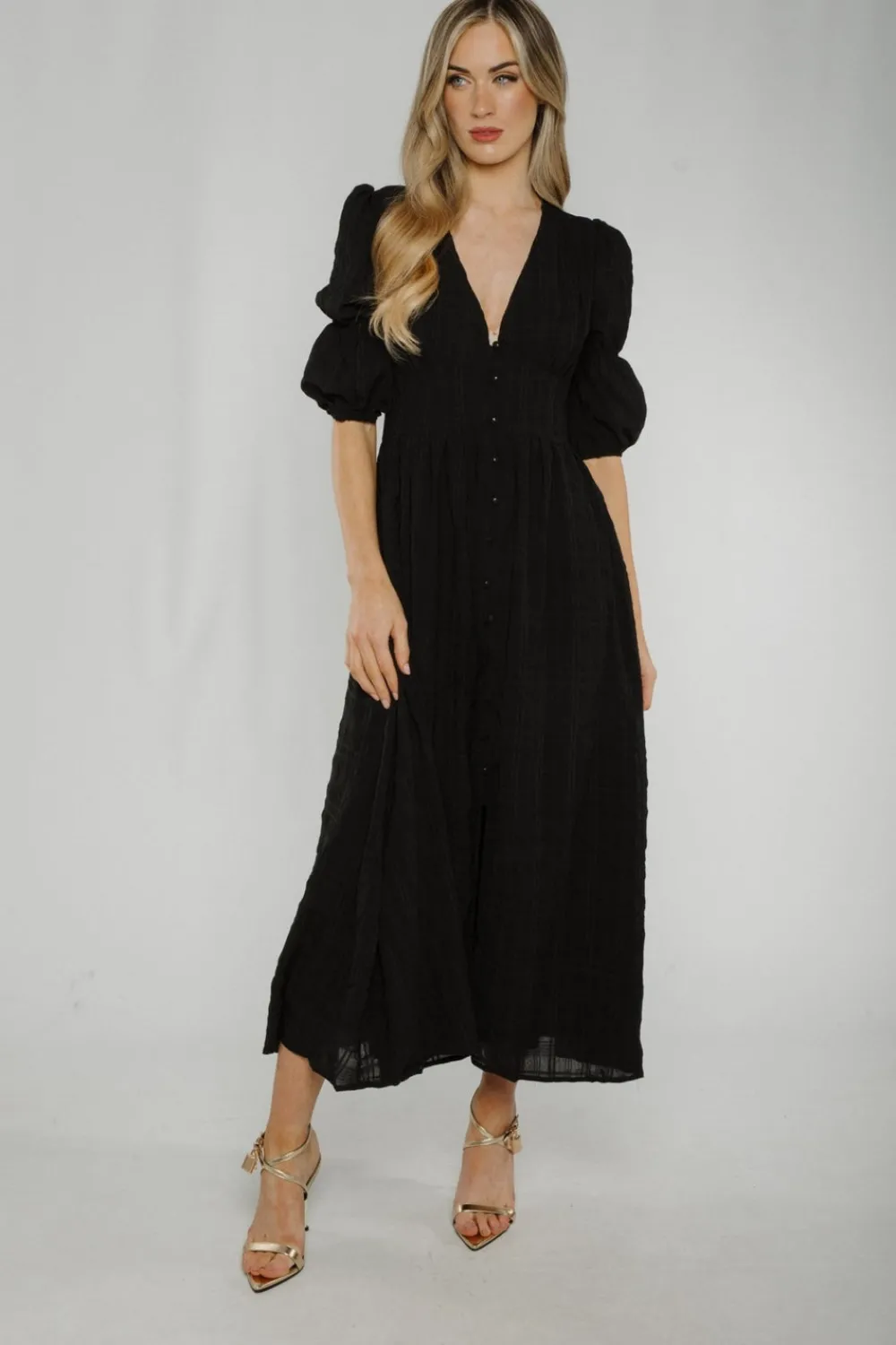 The Walk in Wardrobe Midi Dresses>Caitlyn Button Front Midi Dress In Black