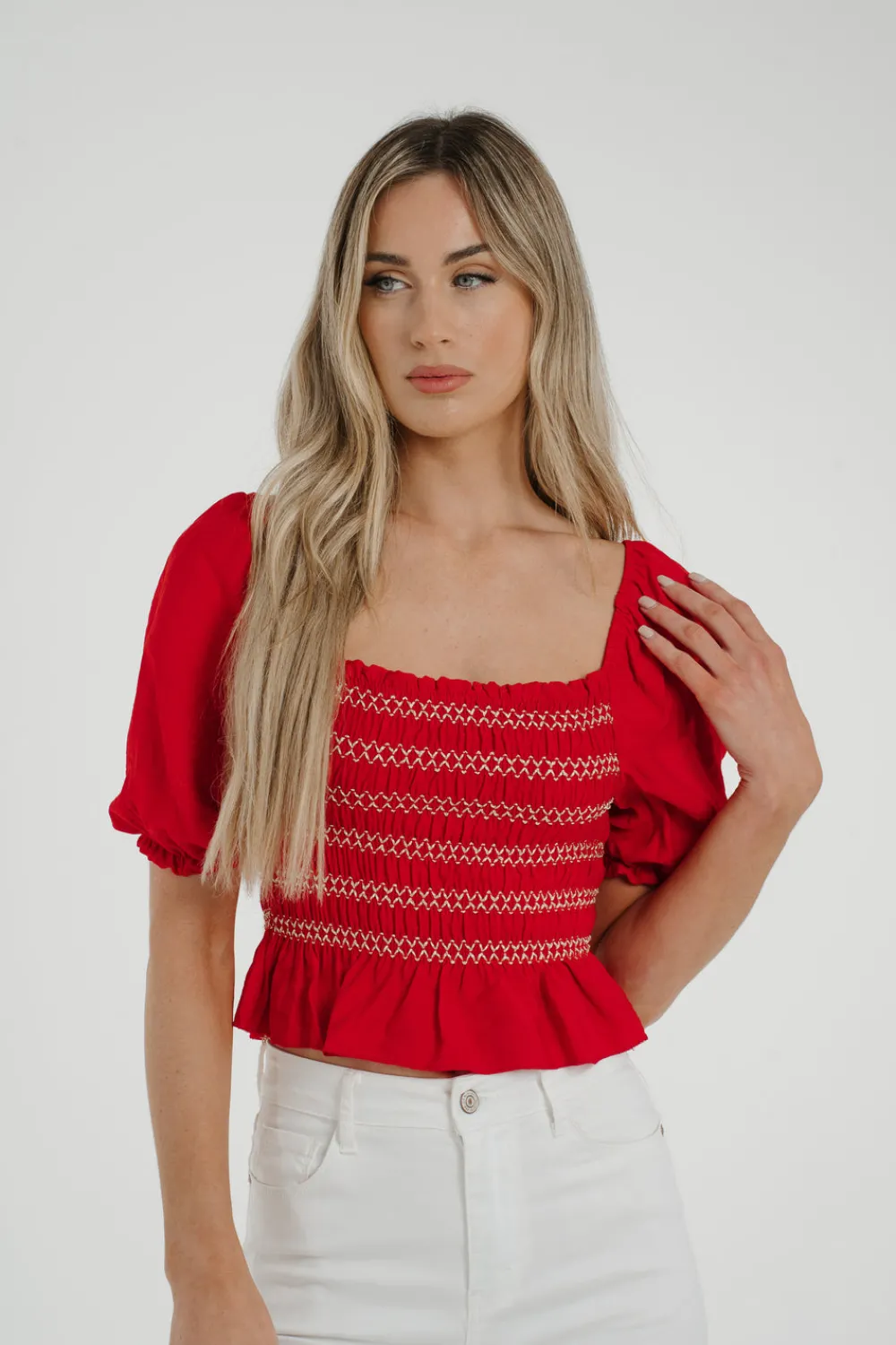 The Walk in Wardrobe Tops>Caitlyn Embroidered Off Shoulder Top In Red