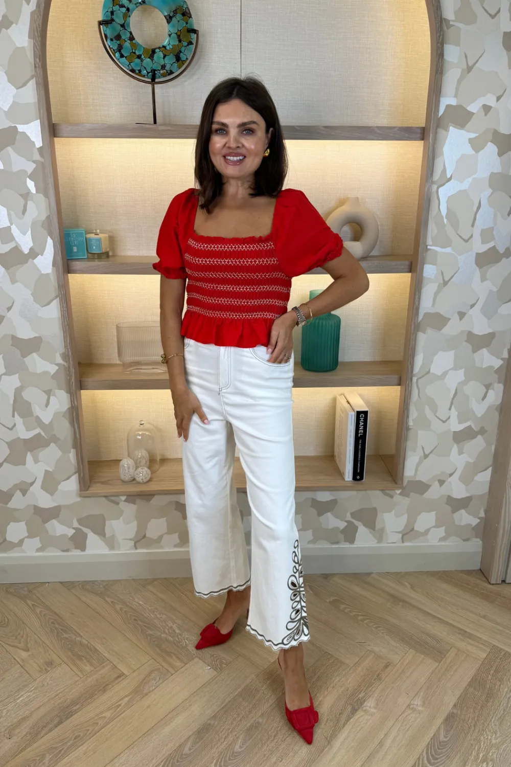 The Walk in Wardrobe Tops>Caitlyn Embroidered Off Shoulder Top In Red