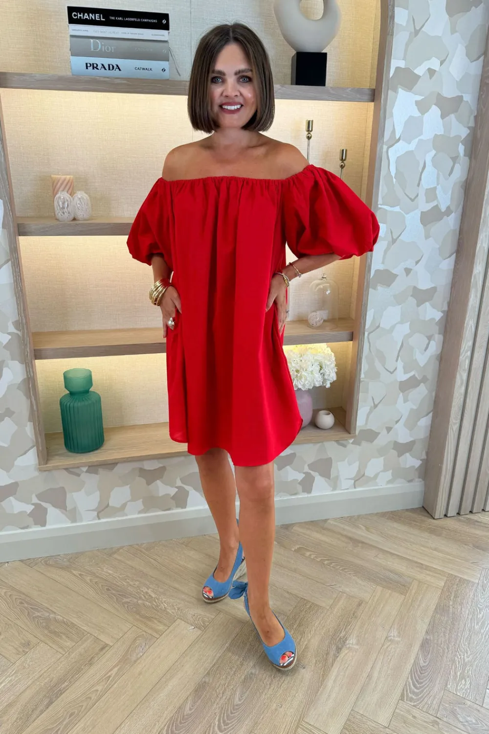 The Walk in Wardrobe Mini Dresses>Caitlyn Puff Sleeve Bardot Dress In Red