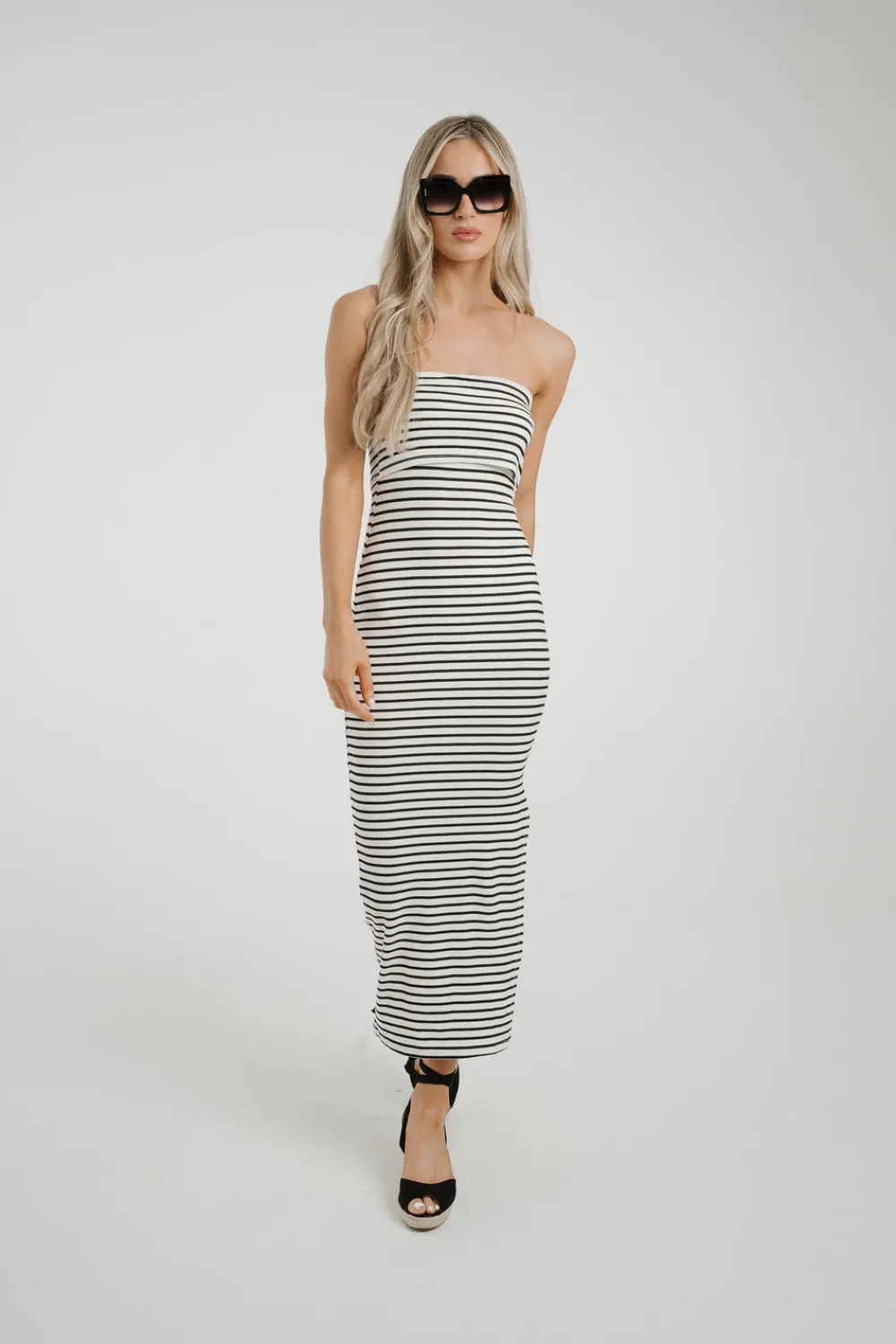 The Walk in Wardrobe Midi Dresses>Caitlyn Stripe Bandeau Dress In Red