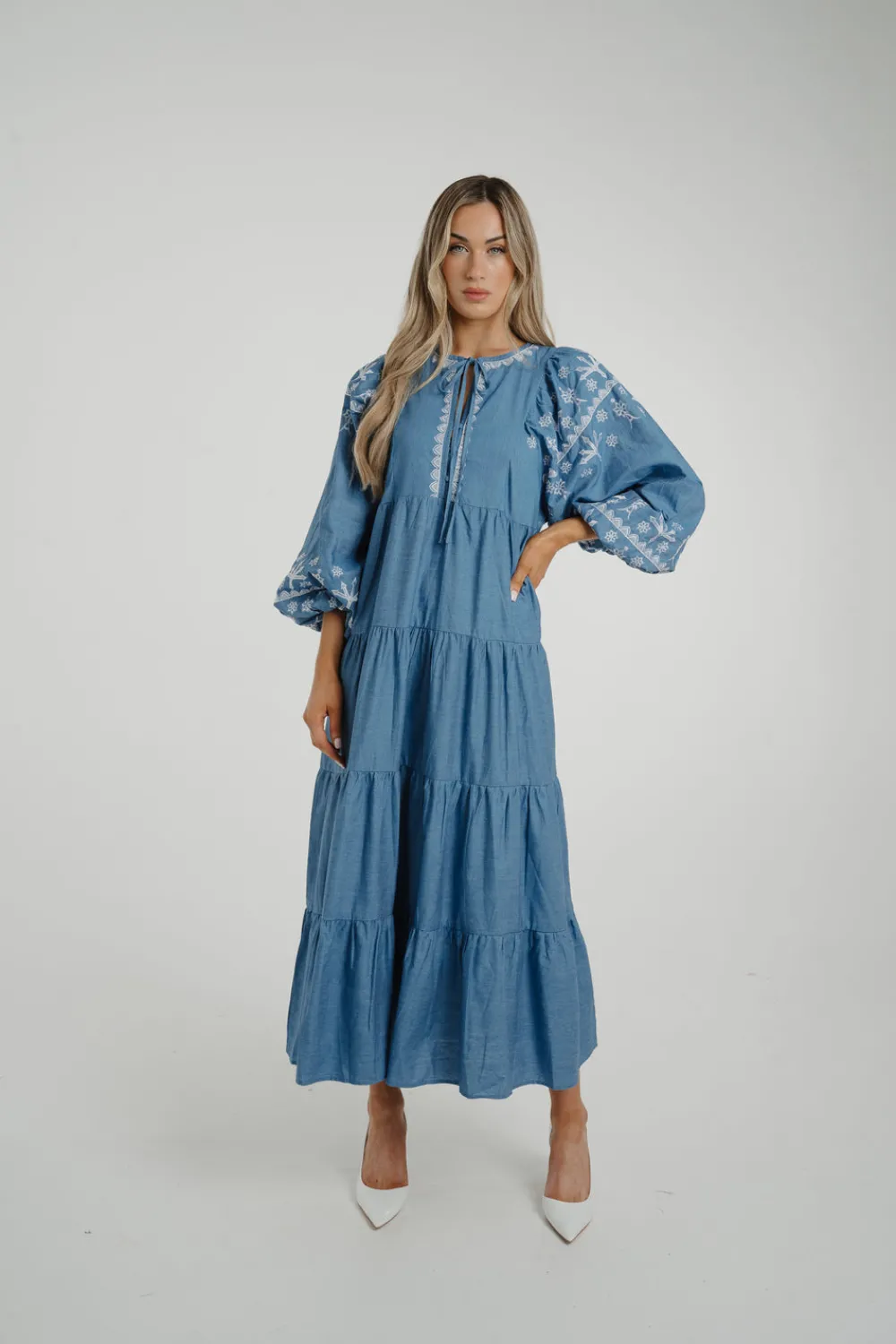The Walk in Wardrobe Maxi Dresses>Caitlyn Tiered Embroidery Dress In Blue