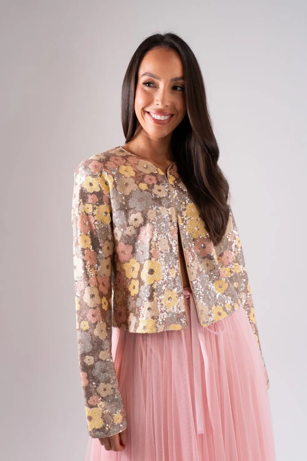The Walk in Wardrobe Coats & Jackets>Carolyn Sequin Floral Jacket In Rose Gold