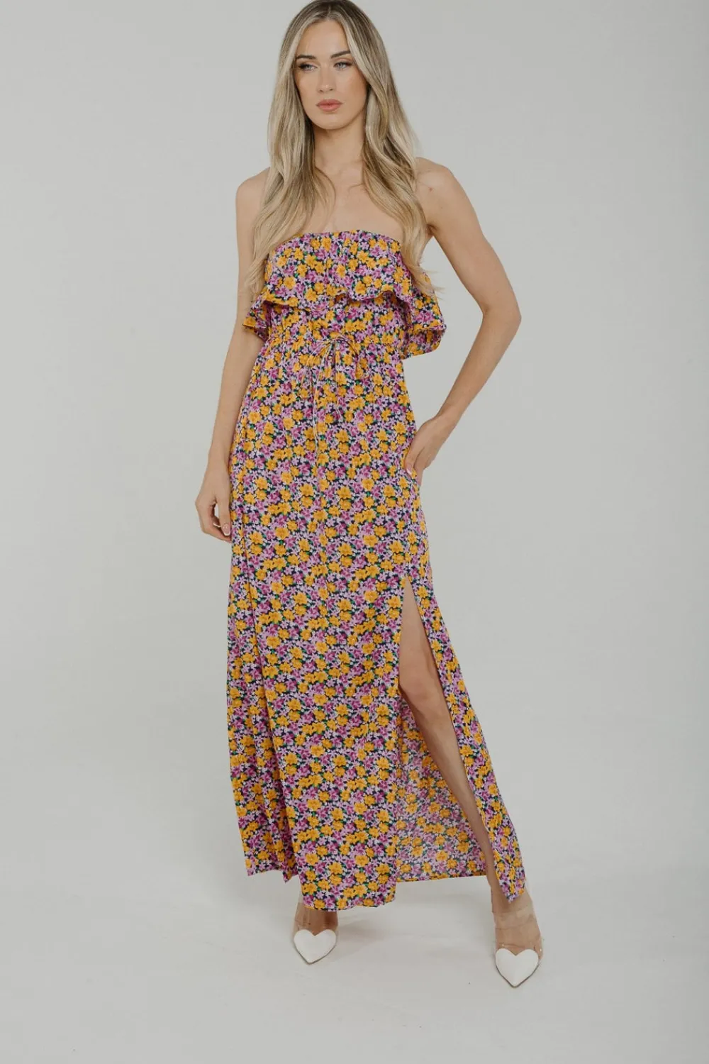 The Walk in Wardrobe Midi Dresses>Casey Floral Strapless Dress In Purple Mix