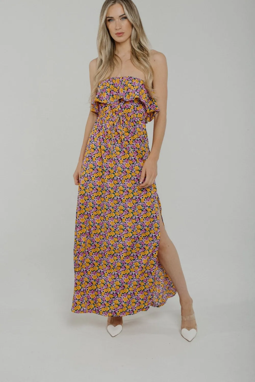 The Walk in Wardrobe Midi Dresses>Casey Floral Strapless Dress In Purple Mix