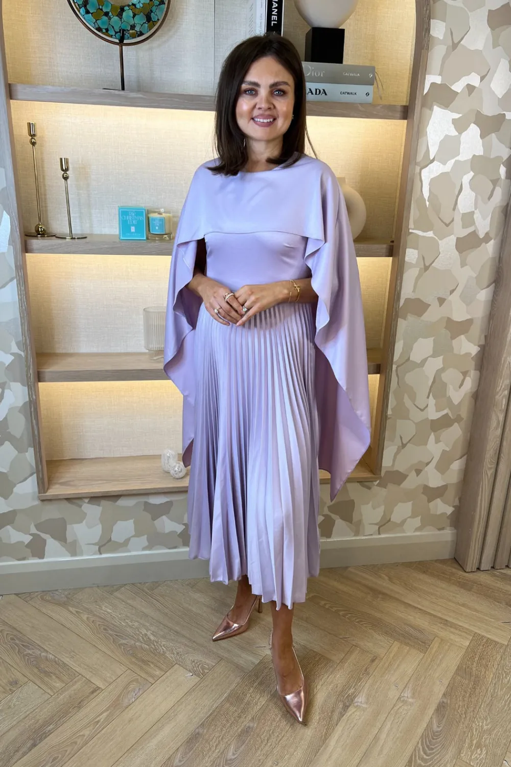 The Walk in Wardrobe Midi Dresses>Celine Cape Detail Pleated Dress In Lilac