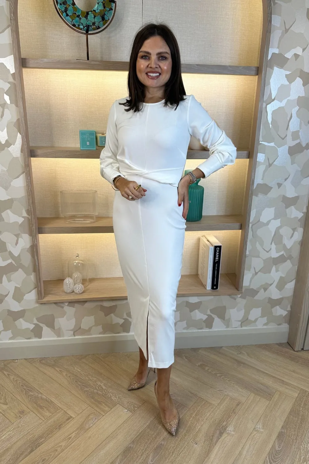 The Walk in Wardrobe Midi Dresses>Celine Pencil Drape Midi Dress In Ivory