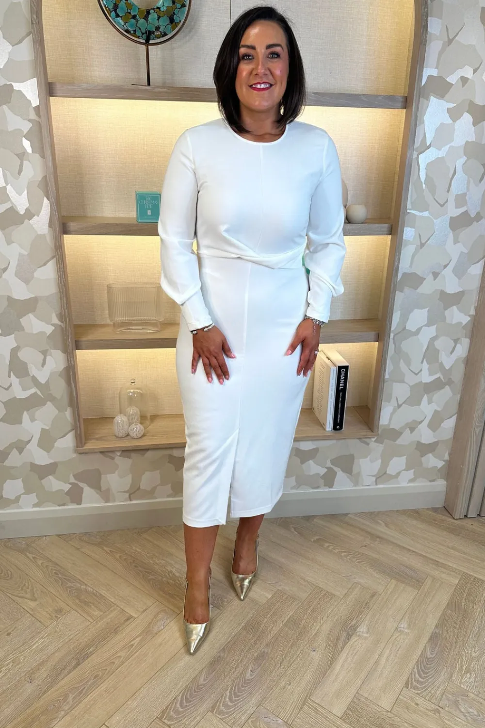 The Walk in Wardrobe Midi Dresses>Celine Pencil Drape Midi Dress In Ivory