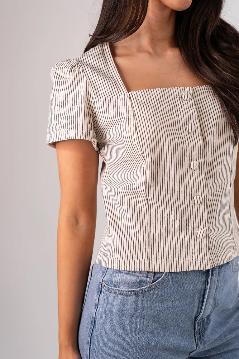 The Walk in Wardrobe Tops>Cindy Stripe Square Neck Top In Blue