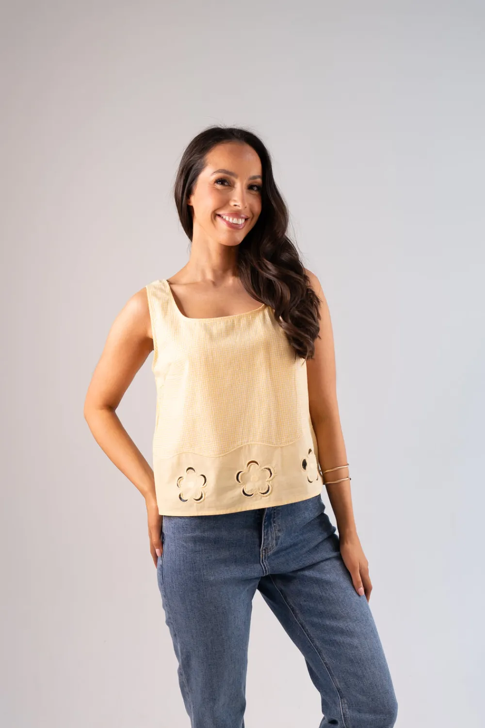 The Walk in Wardrobe Tops>Connie Contrast Hem Gingham Top In Lemon