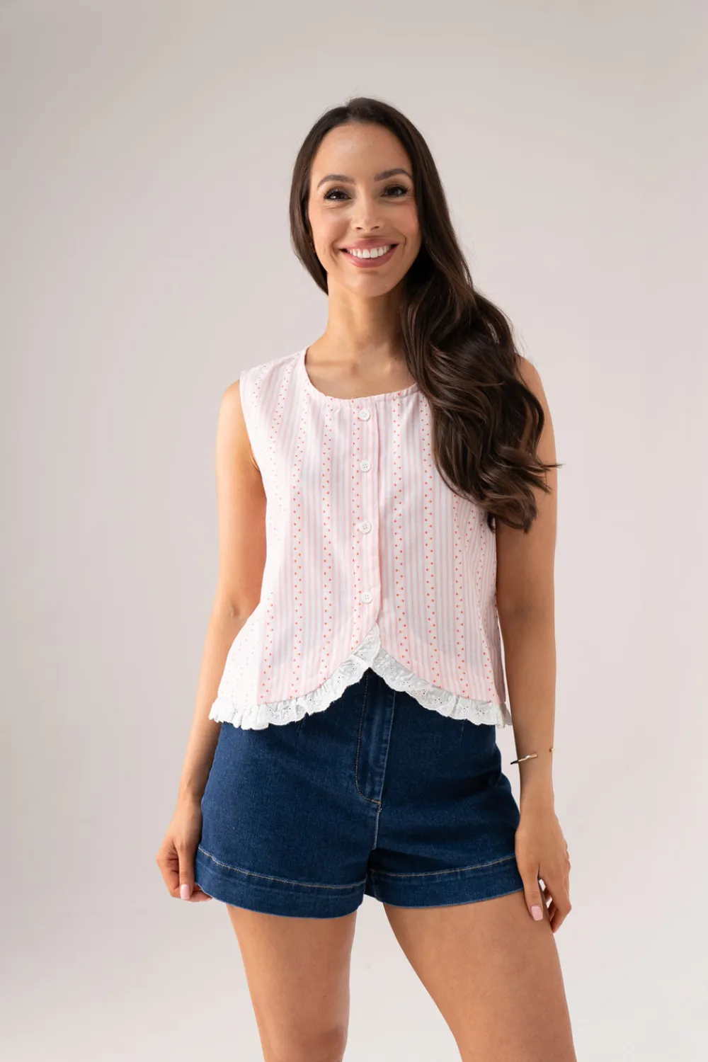 The Walk in Wardrobe Tops>Connie Contrast Striped Waistcoat In Pink