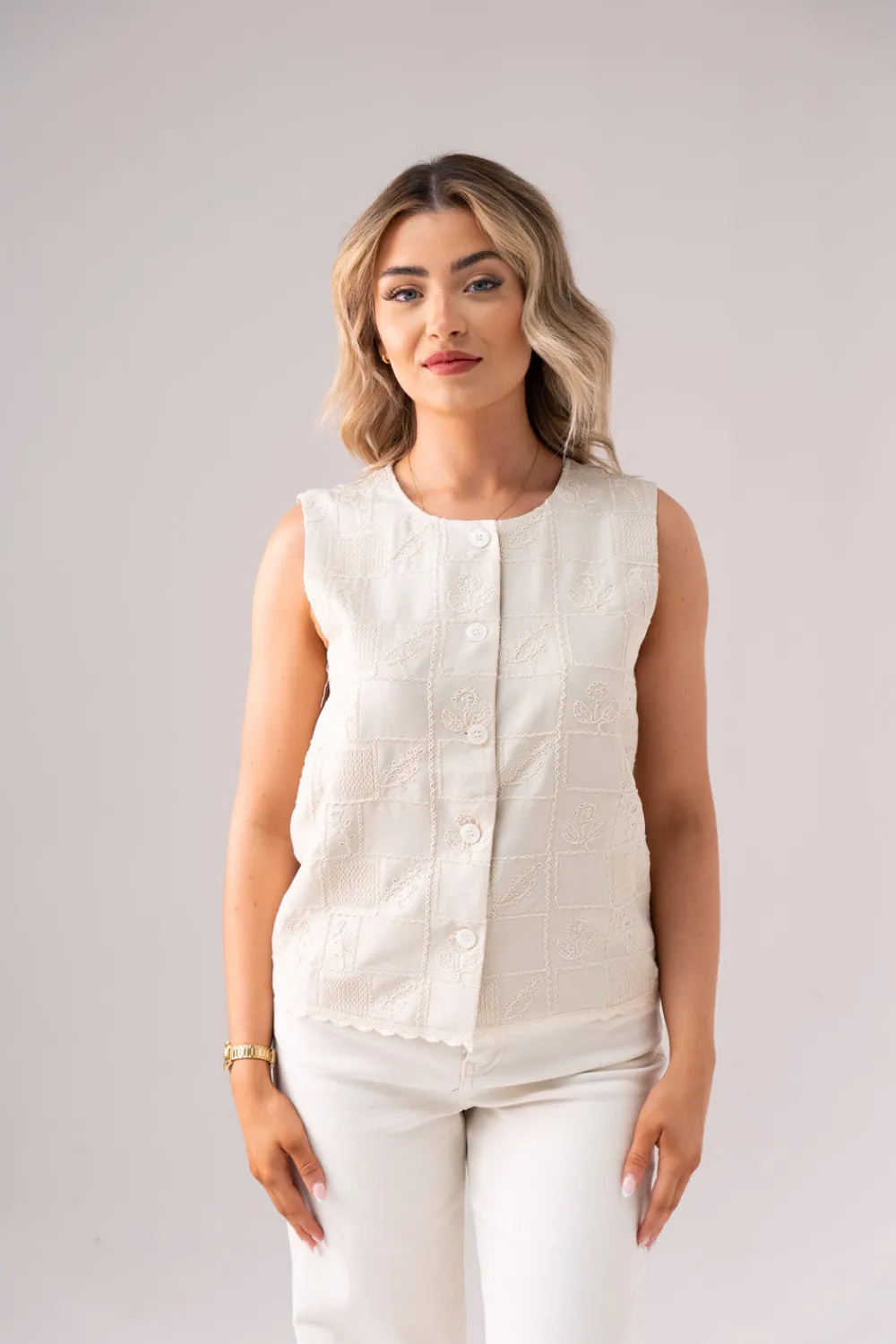 The Walk in Wardrobe Tops>Connie Embroidered Waistcoat In Neutral