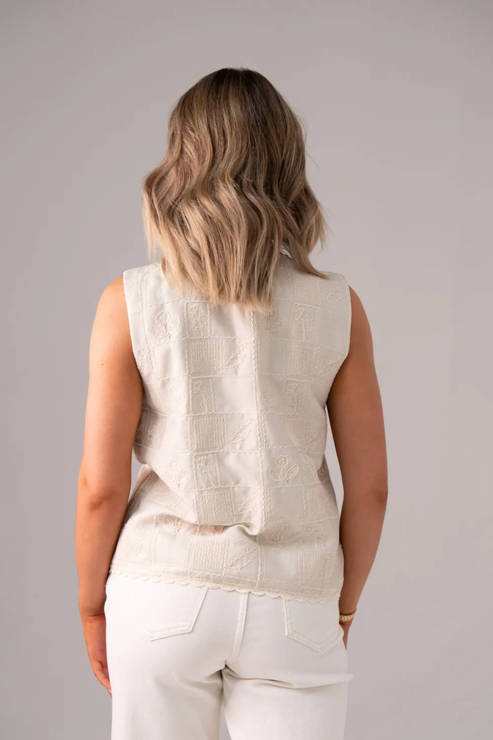 The Walk in Wardrobe Tops>Connie Embroidered Waistcoat In Neutral