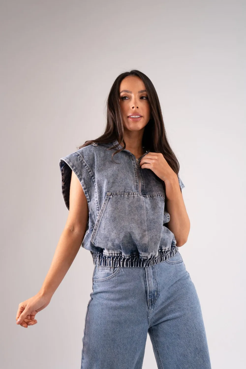 The Walk in Wardrobe Tops>Cora Denim Half Zip In Mid Wash