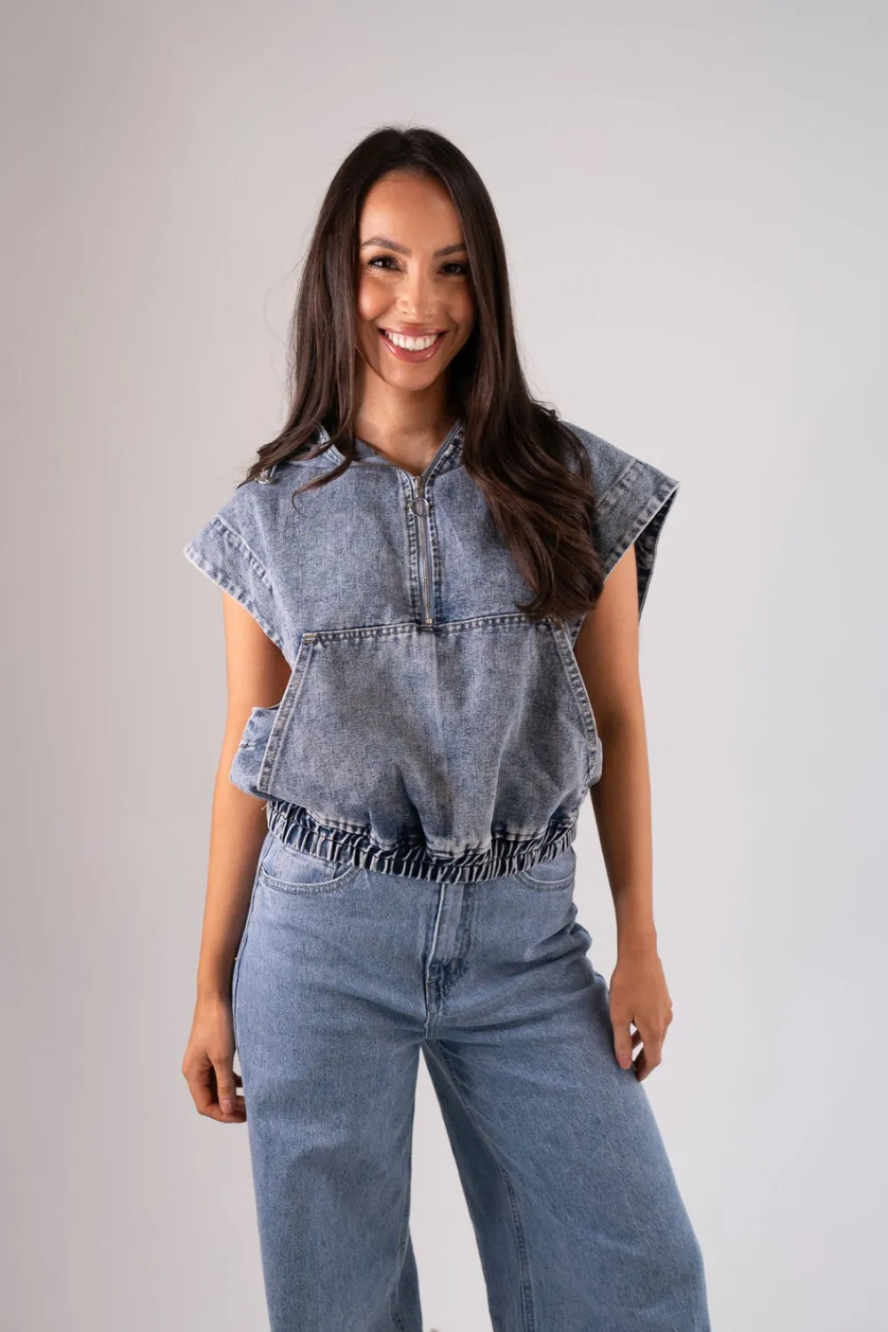 The Walk in Wardrobe Tops>Cora Denim Half Zip In Mid Wash