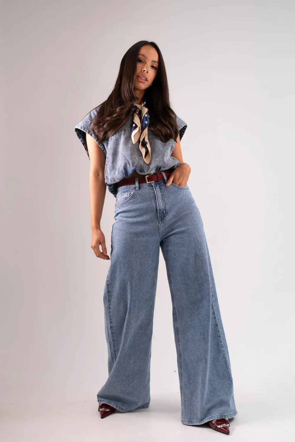 The Walk in Wardrobe Tops>Cora Denim Half Zip In Mid Wash