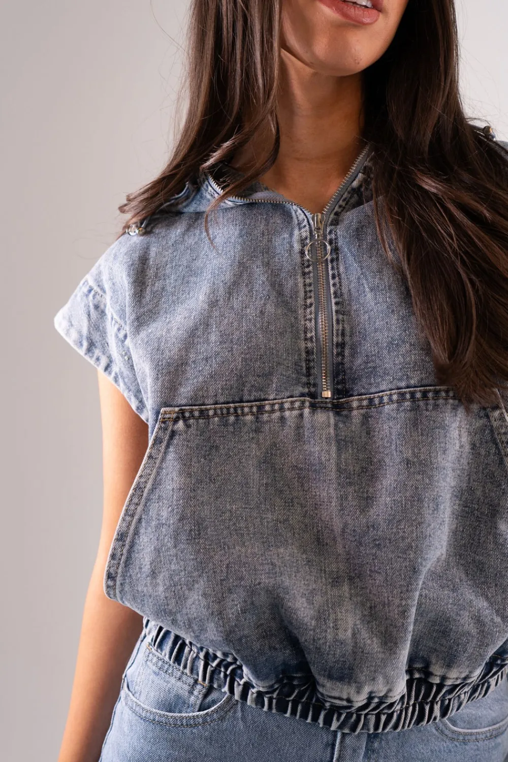 The Walk in Wardrobe Tops>Cora Denim Half Zip In Mid Wash