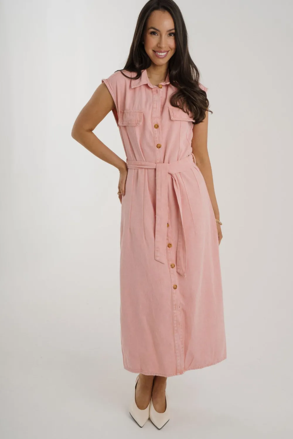 The Walk in Wardrobe Midi Dresses>Cora Sleeveless Denim Shirt Dress In Black Wash