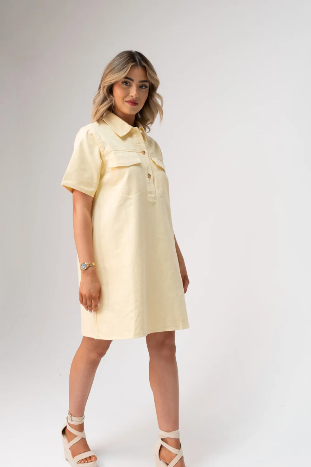 The Walk in Wardrobe Mini Dresses>Daisy Denim Shirt Dress In Lemon