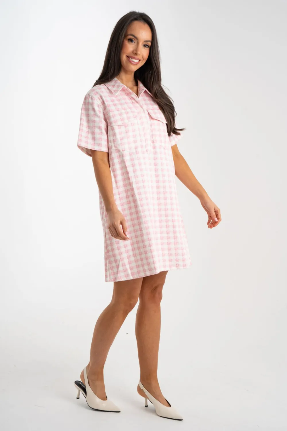 The Walk in Wardrobe Mini Dresses>Daisy Gingham T-Shirt Dress In Pink