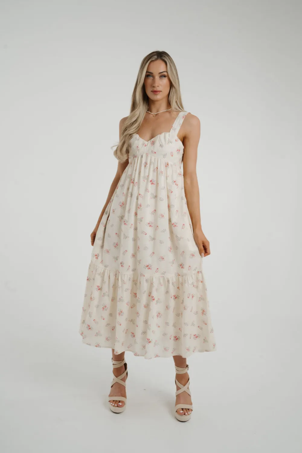 The Walk in Wardrobe Midi Dresses>Daisy Pink Floral Dress In Cream