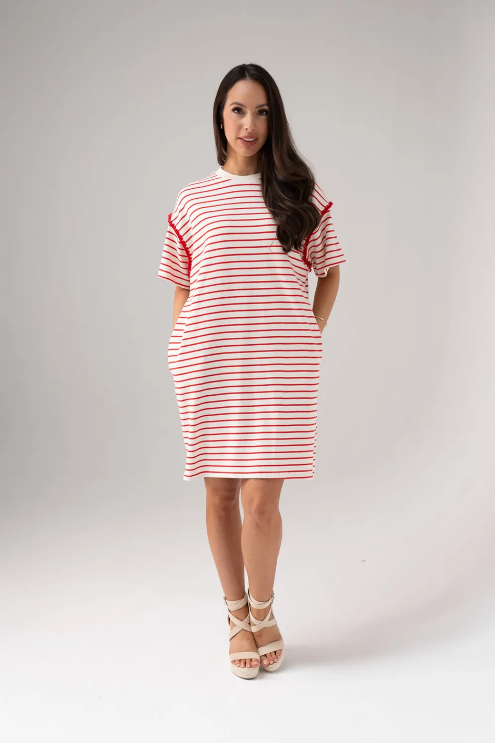 The Walk in Wardrobe Mini Dresses>Daisy Stripe T-Shirt Dress In Red